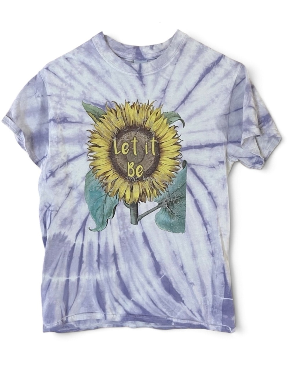🌻 ‘Let It Be’ Purple/White Tie Dye Boho Sunflower Graphic Crew Tee Top